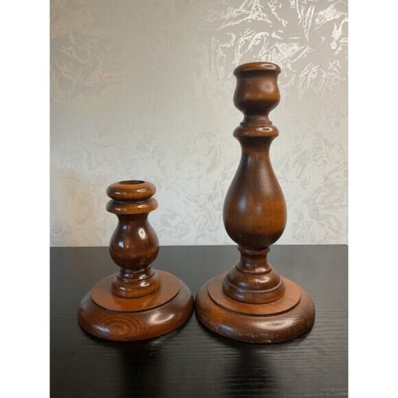 Vintage Wooden Candle Holders Set Of 2 Decorative Home Decor Rustic Style - Picture 2 of 2